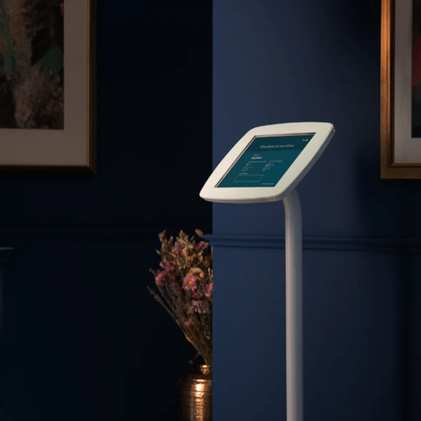 Height-adjustable Bouncepad iPad stand with cable management and lockable case