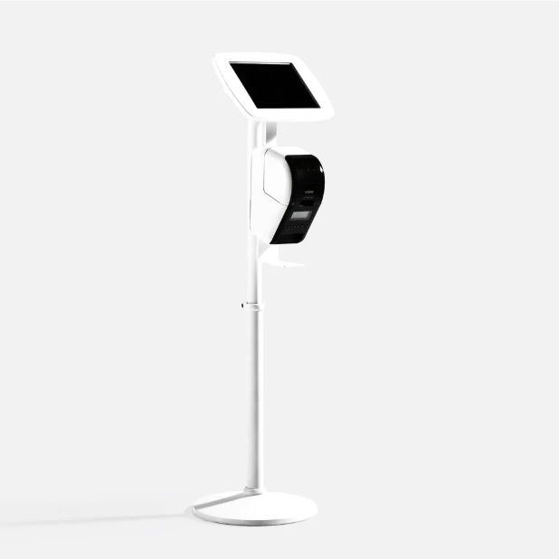 Adjustable iPad and printer stand with secure enclosure for seamless point-of-sale setups
