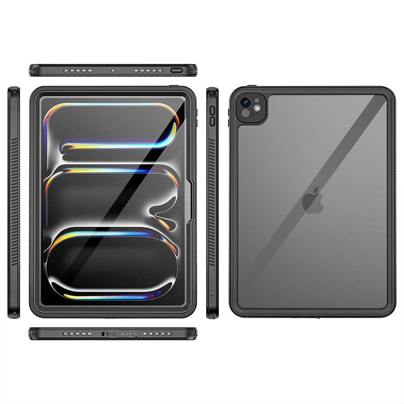 Heavy-duty waterproof iPad Pro 11 case with clear panels and shoulder strap.