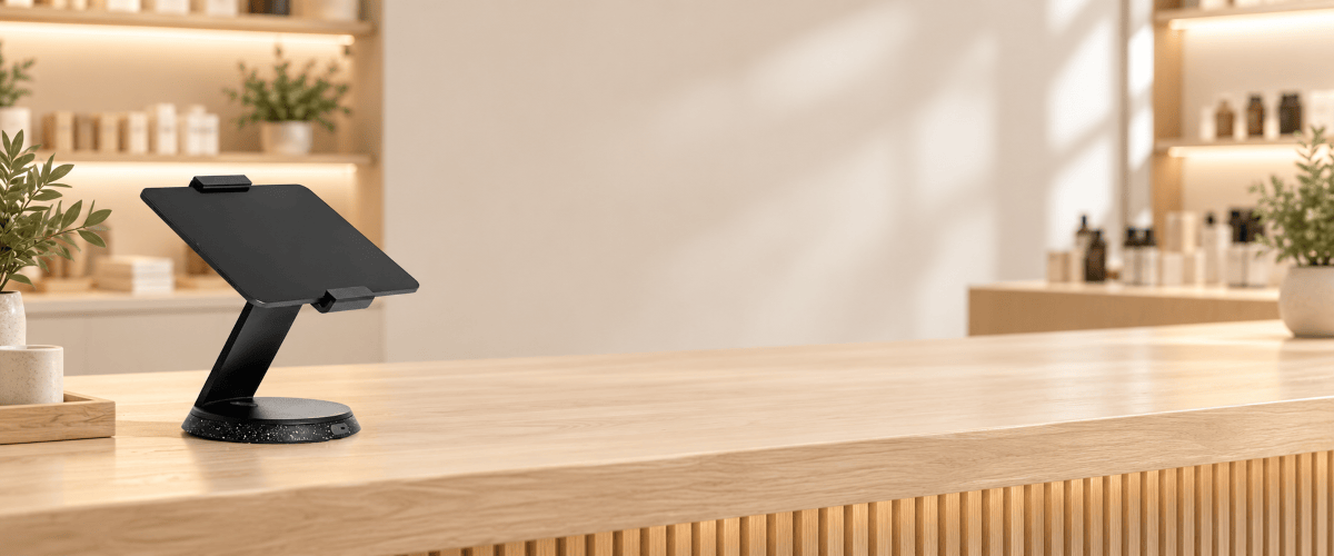 A black tablet display stand on a light wood counter in a modern, softly lit retail or cafe interior.