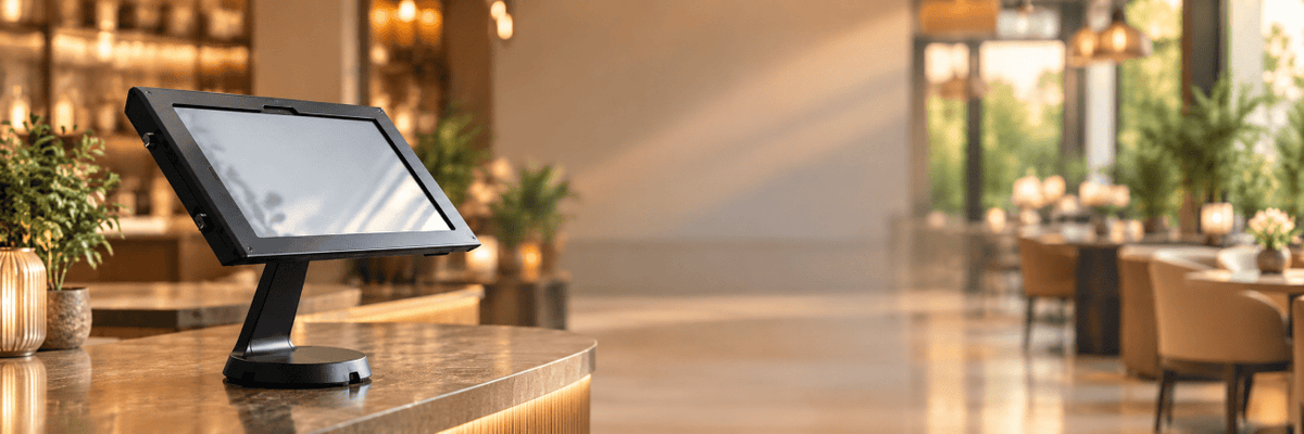A black touchscreen kiosk terminal on a polished stone counter in a modern, warmly lit restaurant or cafe interior.
