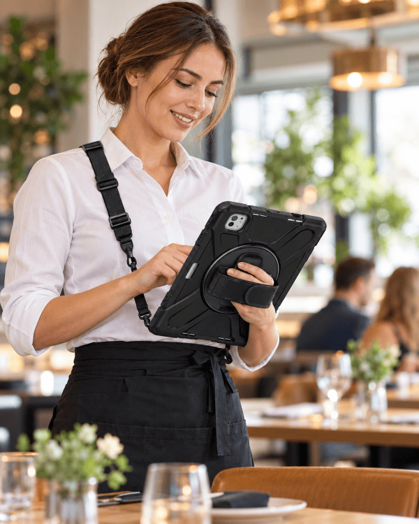 Server with rugged tablet case in hospitality
