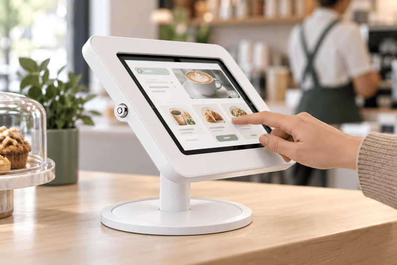 A white desk mount in a cafe setting, with a person's hand touching the screen and a blurred background showing a barista working.