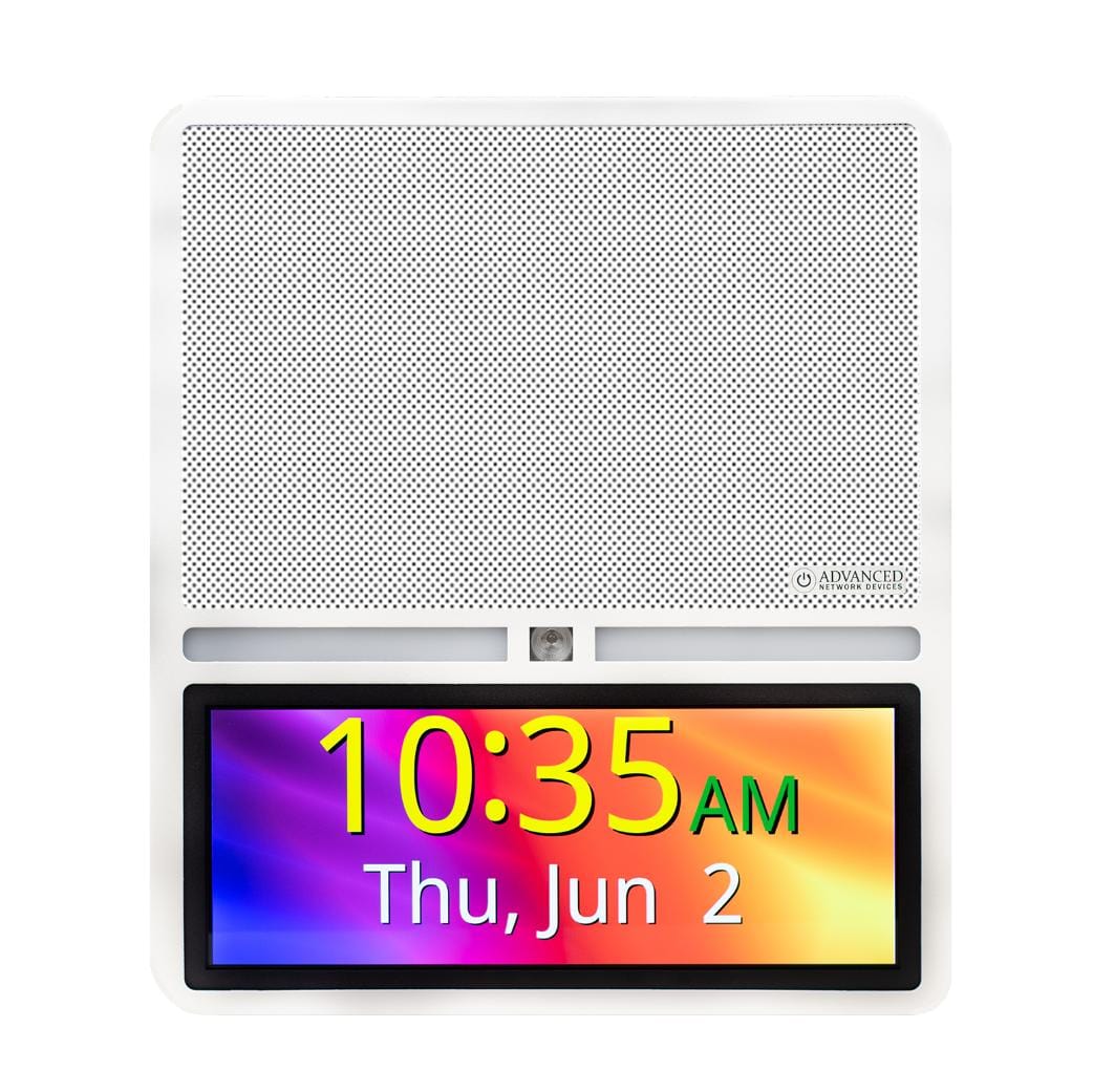 Advanced Network Devices IP speaker with HD display and RGB flasher, wall-mounted in hallway.