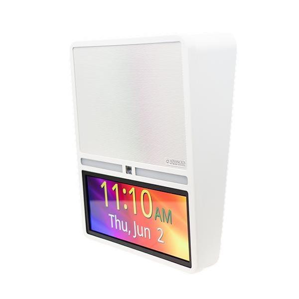 Matte white PoE+ speaker with 8" driver, two-way intercom, and angled HD screen.
