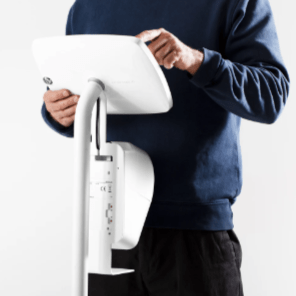 Sleek iPad and printer floor stand designed for retail checkouts and self-service stations