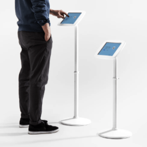 Sleek freestanding tablet kiosk ideal for customer check-in, retail, and exhibitions