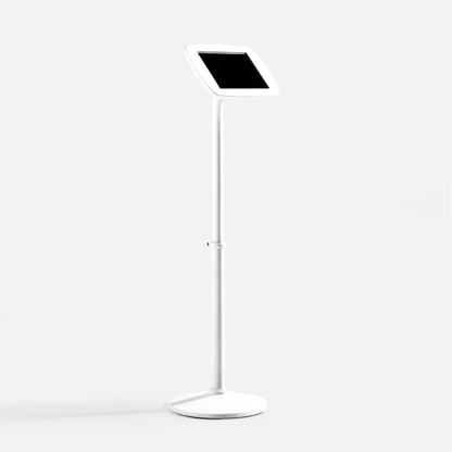 Adjustable iPad floor stand with secure enclosure for public spaces and commercial use
