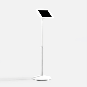 Adjustable iPad floor stand with secure enclosure for public spaces and commercial use