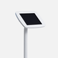 Modern black iPad floor stand for hands-free interaction in showrooms and lobbies