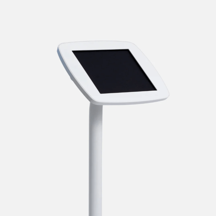 Modern black iPad floor stand for hands-free interaction in showrooms and lobbies