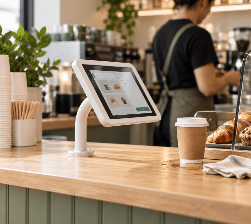A white desk mount on a wooden cafe counter, with a coffee cup, pastries, and a blurred barista in the background.