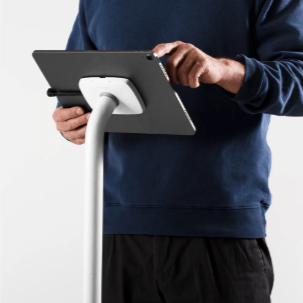 Sleek tablet kiosk stand ideal for exhibitions, retail spaces, and visitor check-in points