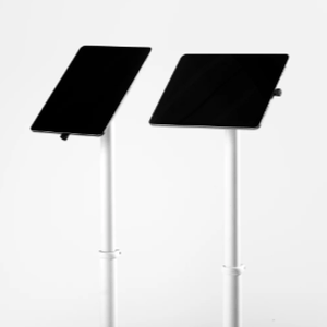 Height-adjustable tablet floor stand with universal enclosure for public and commercial use