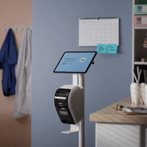 Adjustable tablet and printer floor stand with secure enclosure for retail and hospitality use