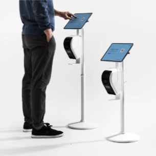 Freestanding kiosk with tablet holder and integrated printer platform for point-of-sale setups