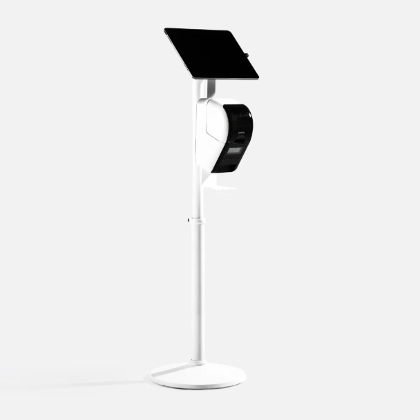 Sleek all-in-one tablet and receipt printer stand designed for customer self-service stations