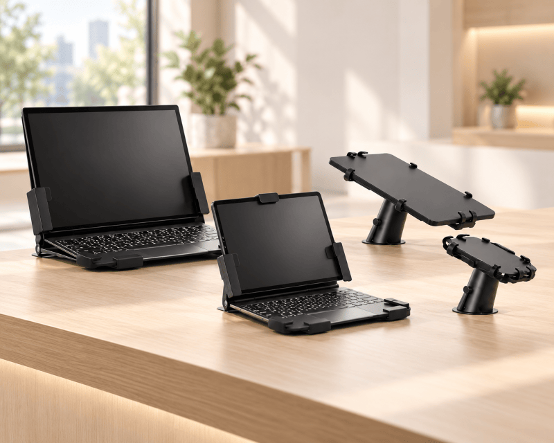 Four black Fort Knox security products in different angles and sizes displayed on a light wood desk in a bright, modern office setting.