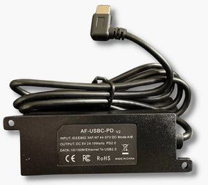 PoE to USB-C adapter with Ethernet and USB-C ports for power and data transmission.