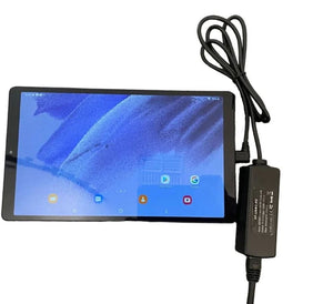 Power over Ethernet to USB-C adapter supplying 5V power and wired network connection to a tablet.