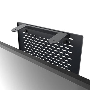 Heckler Cart Mount securely holding Logitech Rally Bar above a display for video conferencing.