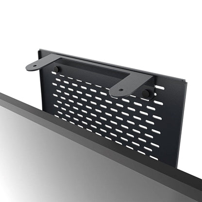 Heckler Cart Mount securely holding Logitech Rally Bar above a display for video conferencing.