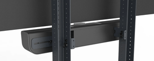 Heckler AV Cart with soundbar securely mounted above the screen using Soundbar Mount bracket.
