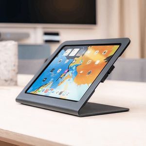 Heckler WindFall Stand Prime with all-steel frame providing full access to tablet ports and features.