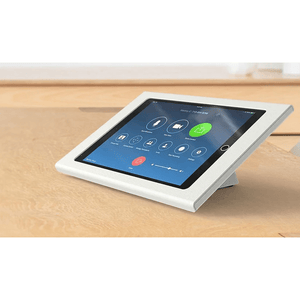 Heckler Zoom Rooms iPad mount with sleek grey-white finish and commercial-grade construction.