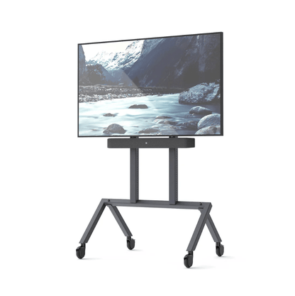 Heckler Soundbar Mount installed below display on AV Cart for professional video conferencing audio.
