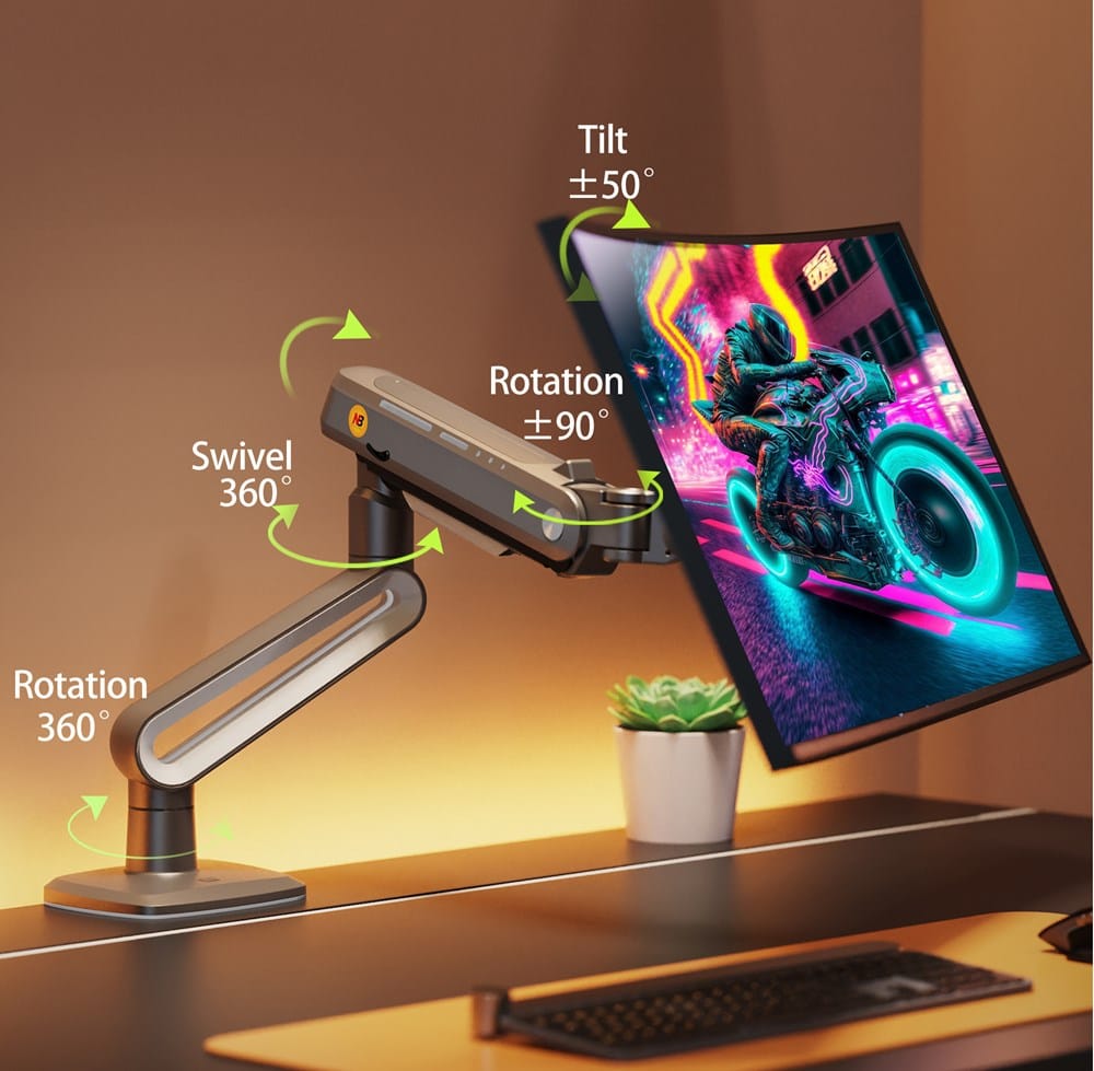 North Bayou Heavy-Duty Gas Spring Gaming Monitor Arm Full Motion Adjustability – Tilt ±50°, Swivel ±90°, Rotation 360°