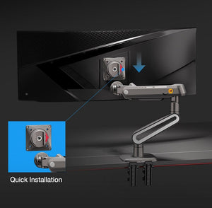NB-A6 gas spring monitor arm in matte charcoal finish holding a large curved monitor.