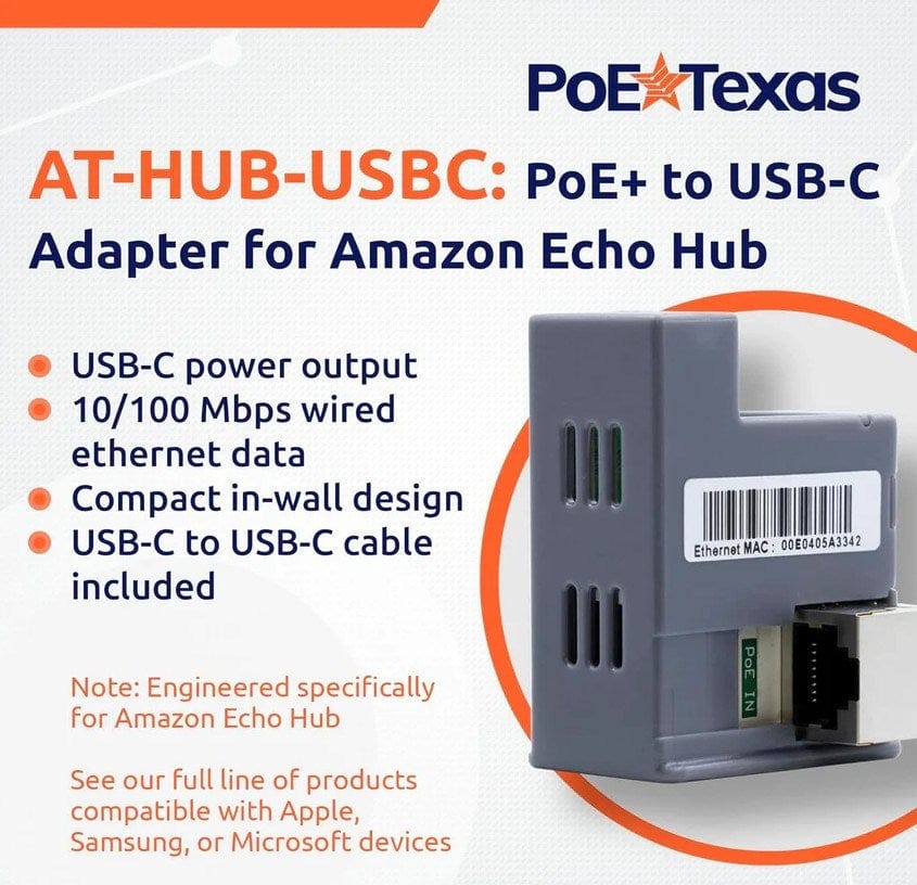 POE Texas Adapter PoE+ to USB-C Power & Data In-Wall Converter – 25W (Designed for Amazon Echo Hub)