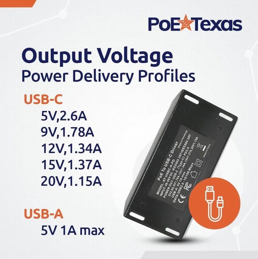 Power your tablet and accessories from a single Ethernet cable with the AT-USBC-A-PD PoE+ to USB-C &amp; USB-A Converte