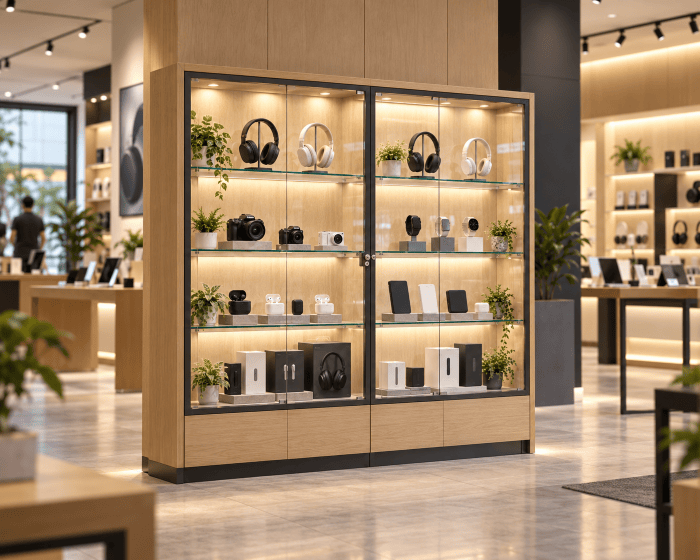 A tall wooden retail display cabinet with glass doors and illuminated shelves, showcasing various consumer electronics including headphones, cameras, and accessories, set inside a modern electronics store.