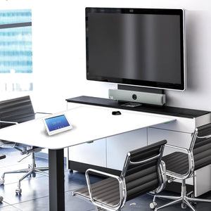 Salamander white collaboration table with TV mount and AV cabinet, great for offices