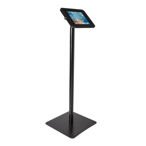 Tab Secure Floorstand securely mounting iPad with adjustable tilt, internal cable routing, and exposed front camera.