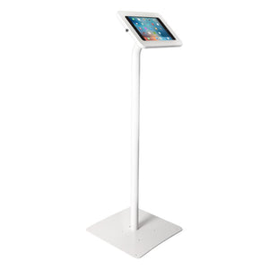 Freestanding tablet floorstand for iPad, Surface, and Galaxy with landscape or portrait mounting, exposed camera, and Kensington lock option.