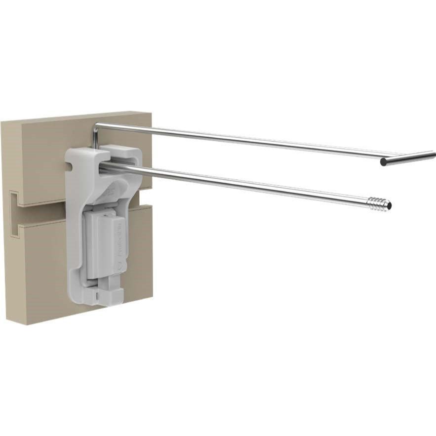 Specialized peg hook attached to Slatwall for securely hanging  retail items.