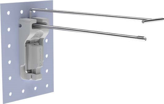 Double Bar locking display stop-lock hook with white frame attached to Pegboard for securely hanging retail items. 