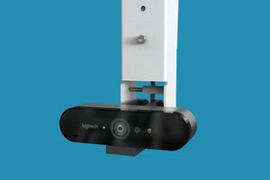 Adjustable Heckler Ceiling Mount with patented ball joint for precise pan, tilt, and roll of Logitech BRIO camera.