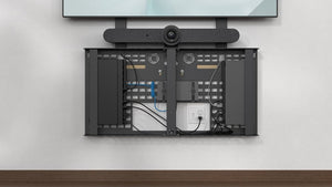AV Credenza by Heckler features strategic back holes for seamless power and cable management.