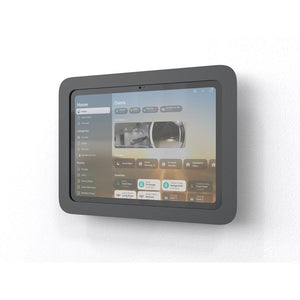 Heckler wall mount for iPad allowing installation with minimal wall cutting and small cable hole.