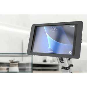 Heckler VESA Mount with open-back design for optimal airflow, keeping Samsung tablets cool during extended use, includes mounting screws and assembly tools.