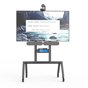 Built-in cable management and Device Panel XL create a clean, organised video conferencing setup.