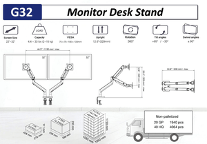 North Bayou dual monitor desk stand – fits 22 to 32 inch screens – measurements