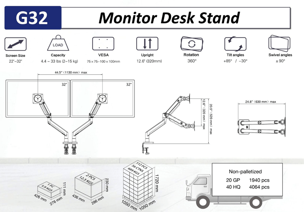 North Bayou dual monitor desk stand – fits 22 to 32 inch screens – measurements