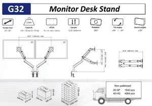 North Bayou dual monitor desk stand – fits 22 to 32 inch screens – measurements