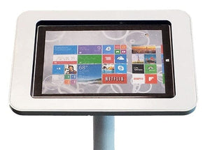 Tab Secure Freestanding Tablet Display securely mounting iPad, Surface, or Galaxy with internal cable routing and tamper-proof lock.